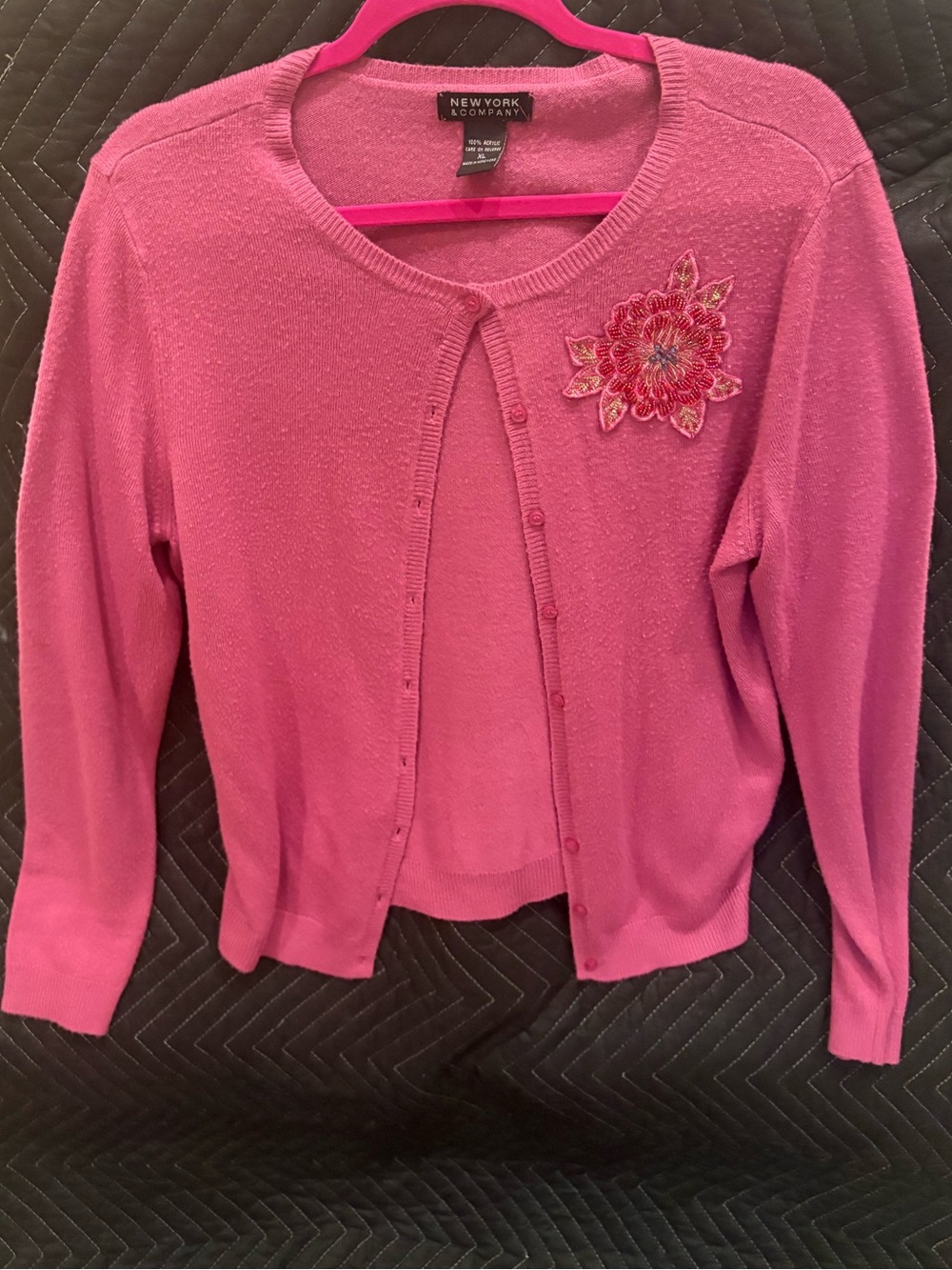 New York & Company Pink Embroidered Flower Cardigan
